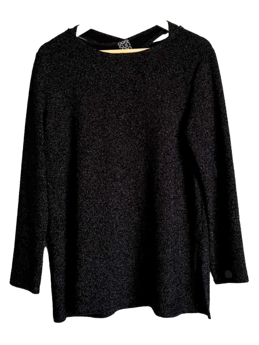 Clara Sun Woo Black Metallic Knit Crossover Back Tunic Top Large Holiday Mature
